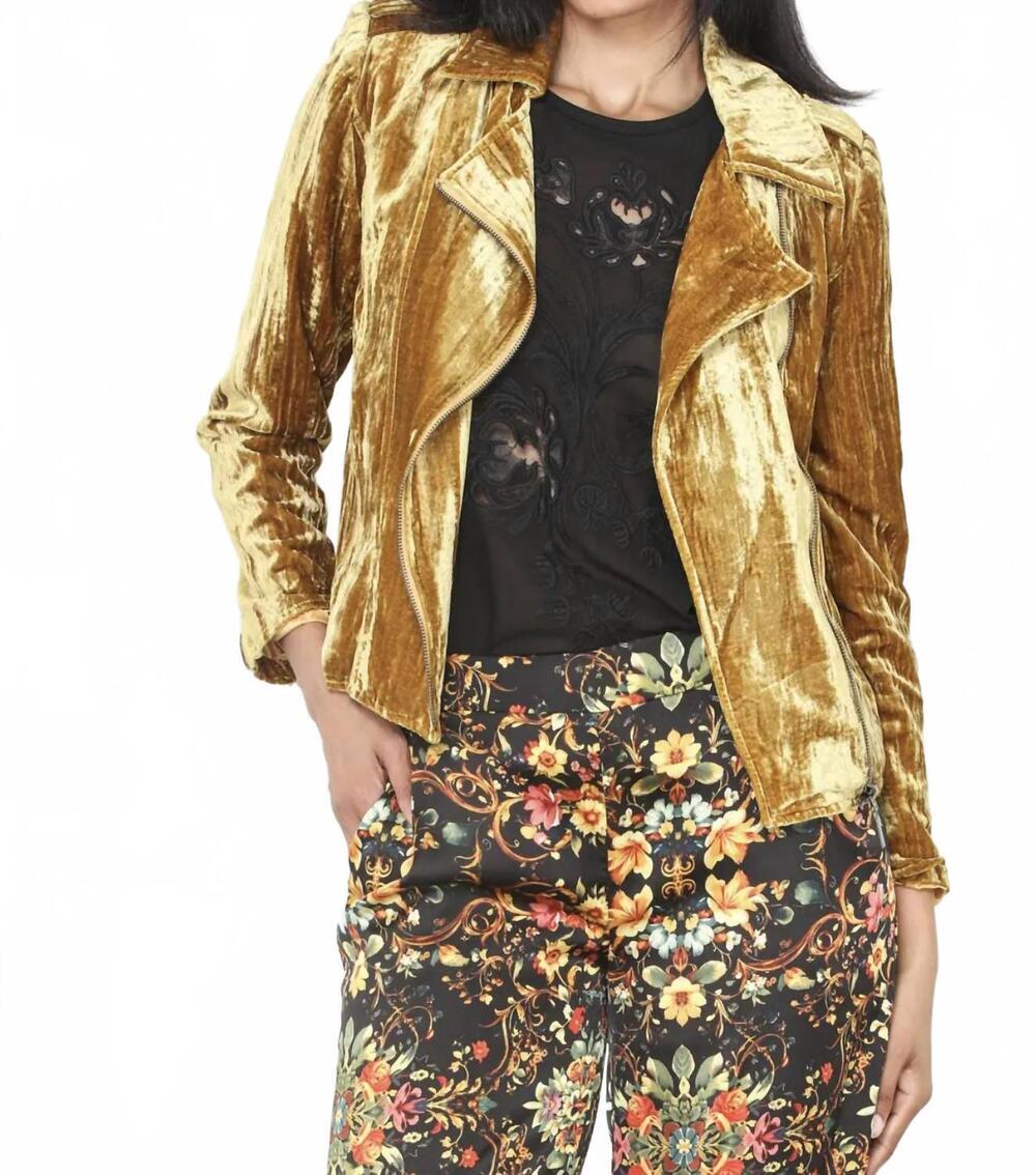 NEW PAPARAZZI crushed velvet moto jacket in gold